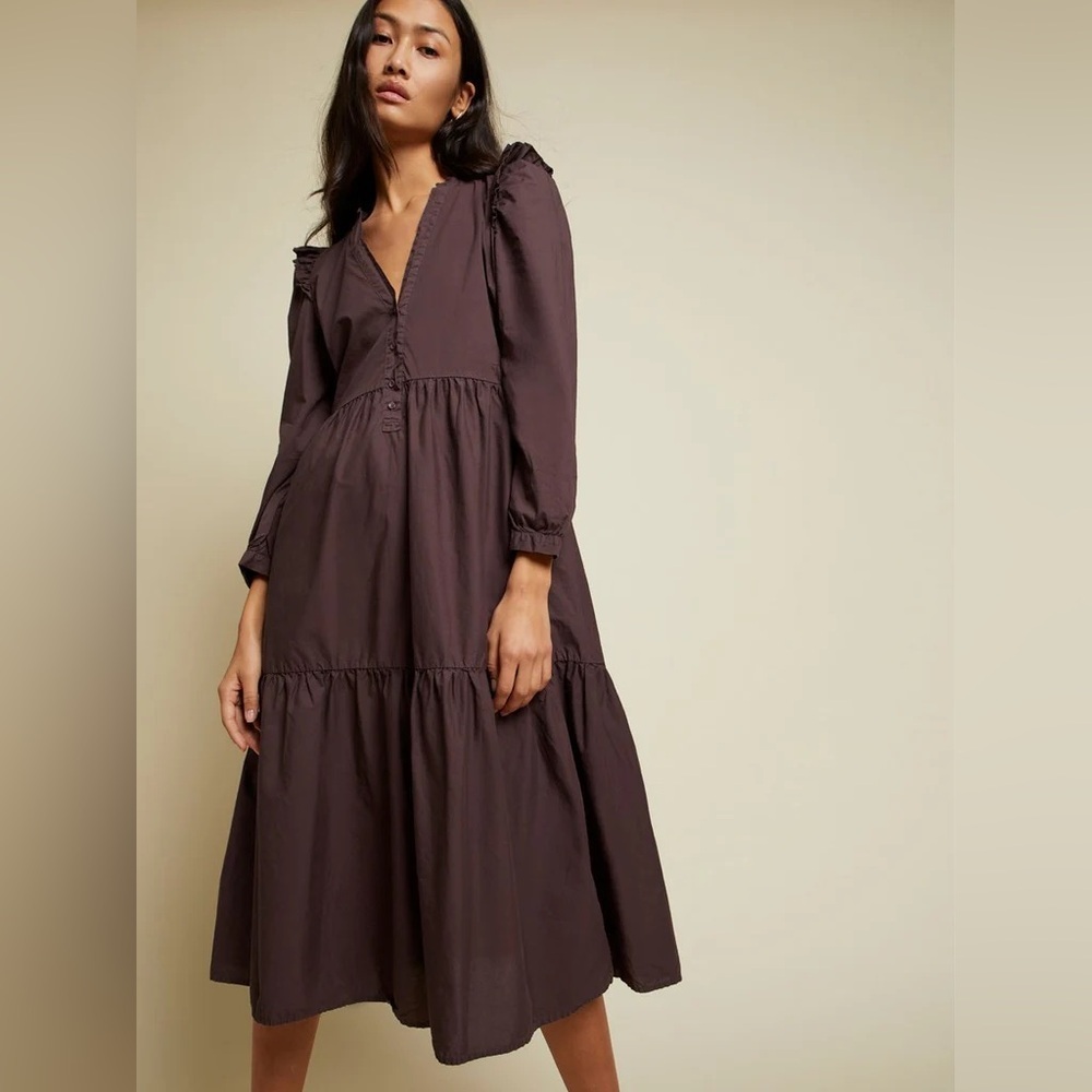 Nation LTD Dalia Victorian in Sangre Brown Black Stripe Pima Cotton Midi Dress S